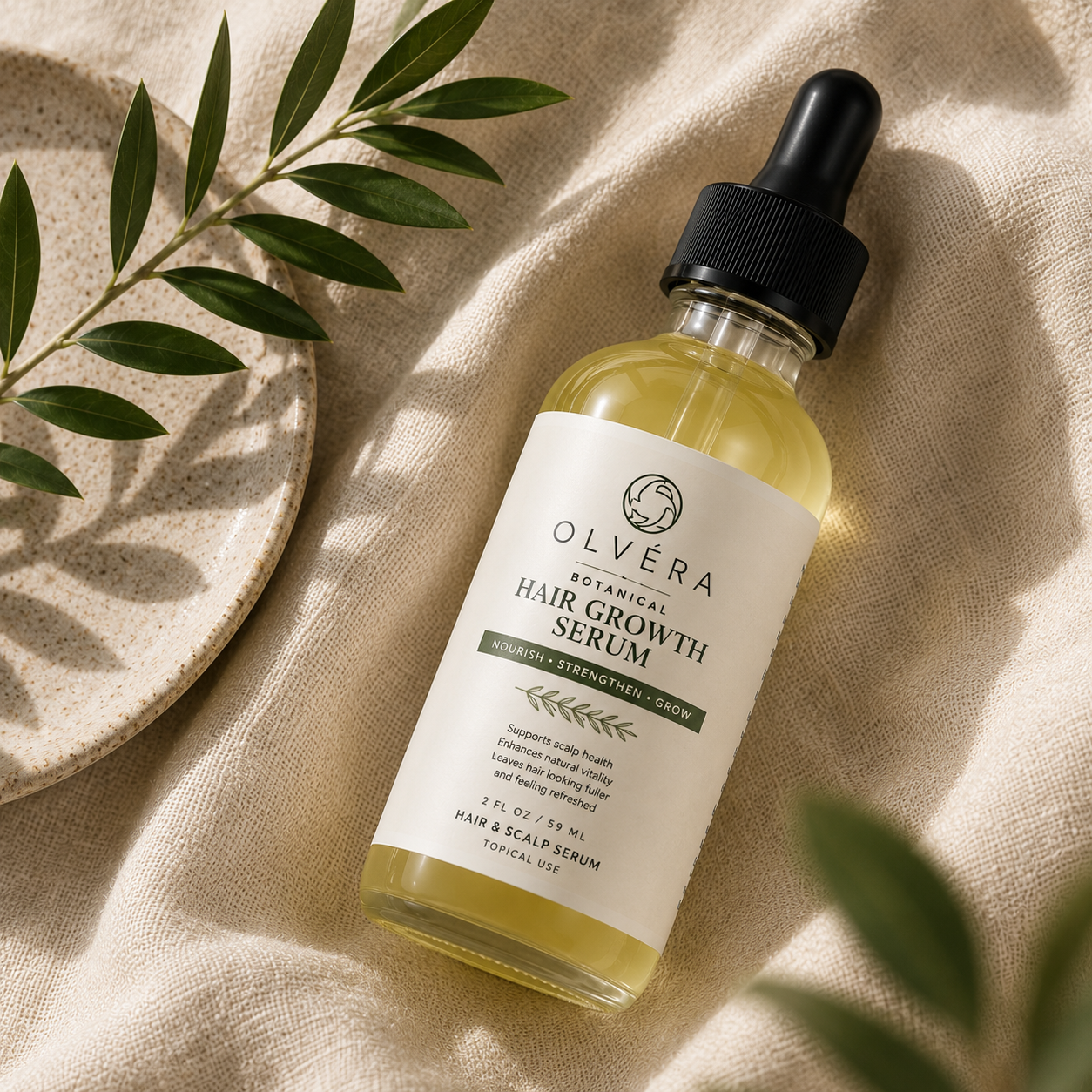 OLVÉRA Botanical Hair & Scalp Serum on warm linen with olive branch